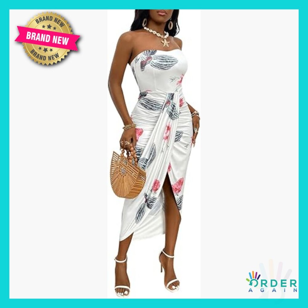 Strapless Ruched Maxi Dress High Waist Wrap Split Asymmetrical Beach Chic
